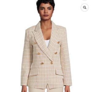 Attitude Unknown Double-Breasted Plaid Tweed Blazer in Cream and Khaki